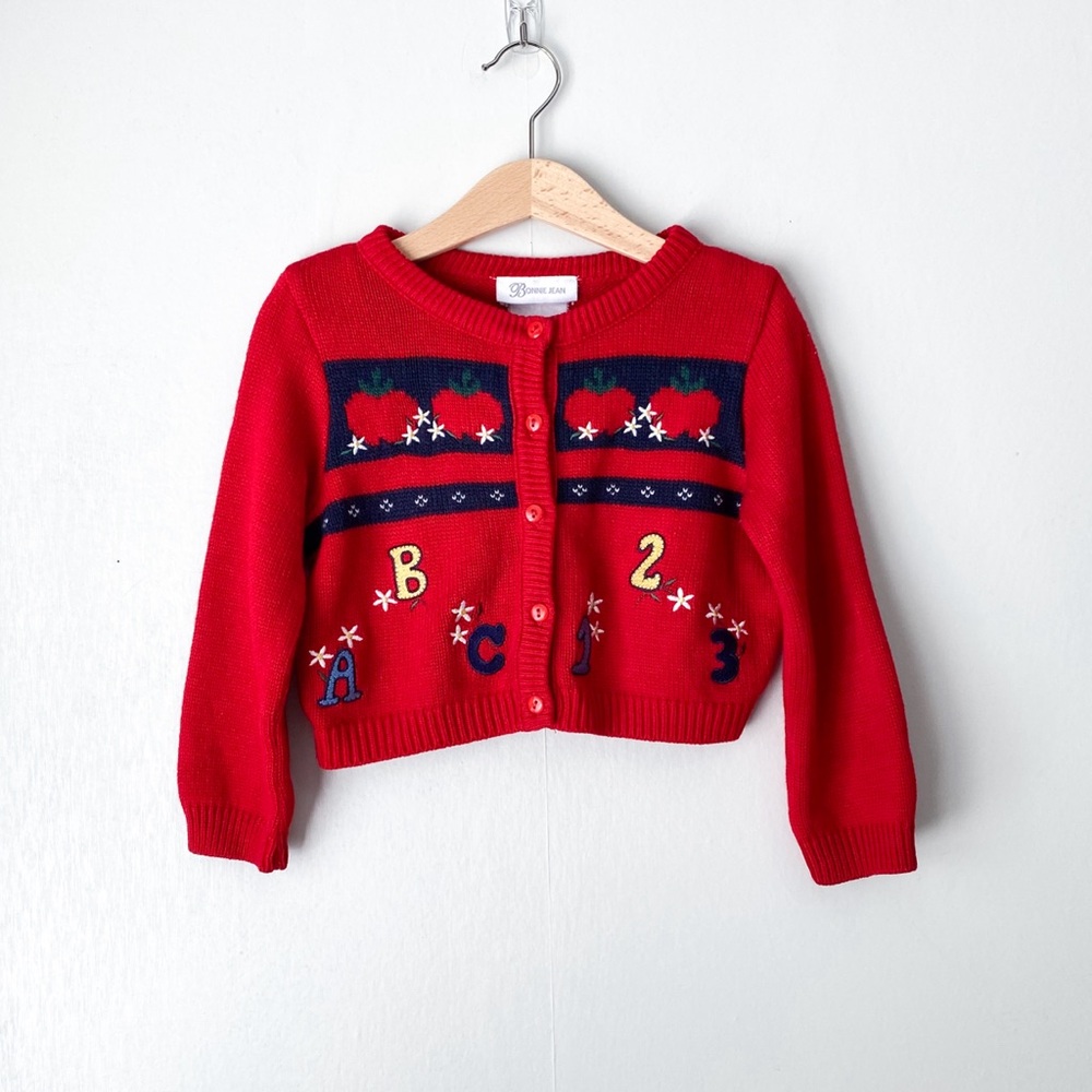 Vintage ABC 123 Apple Print Knit Cardigan Sweater